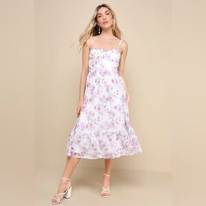 LULUS SIZE M Deeply Darling White Floral Organza Burnout Strapless Midi Dress